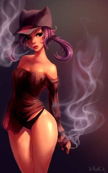 Anime picture 1024x1648 with original iruuse single long hair tall image looking at viewer highres breasts light erotic standing twintails bare shoulders purple hair lips black eyes off shoulder smoke smoking wide hips girl