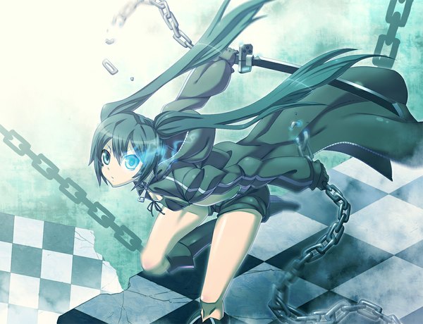 Anime picture 1100x844 with black rock shooter black rock shooter (character) long hair twintails aqua eyes green hair glowing glowing eye (eyes) checkered floor girl gloves sword katana hood chain cloak