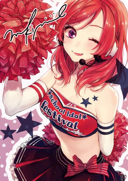 Anime picture 2480x3508 with love live! school idol project love live! school idol festival sunrise (studio) love live! nishikino maki sudach koppe single long hair tall image looking at viewer blush highres smile purple eyes bare shoulders holding signed red hair pleated skirt one eye closed
