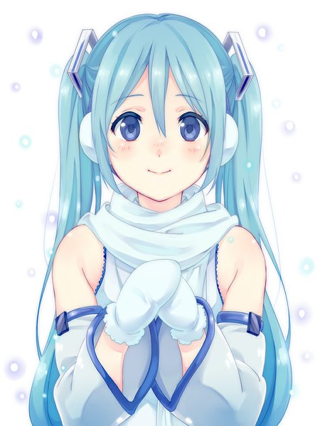 Anime picture 750x1000 with vocaloid hatsune miku yuki miku yuki miku (2011) kusumoto shizuru single long hair tall image looking at viewer blush fringe blue eyes smile hair between eyes twintails bare shoulders blue hair snowing girl detached sleeves