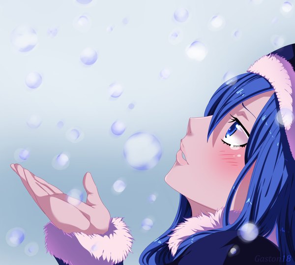 Anime picture 2226x2000 with fairy tail juvia lockser tongasart single long hair blush highres blue eyes blue hair profile coloring looking up close-up girl fur water drop cap winter clothes
