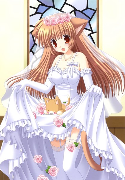 Anime picture 2094x3001 with nekoneko long hair tall image highres open mouth red eyes brown hair animal ears tail hair flower cat girl dress lift girl thighhighs dress gloves hair ornament flower (flowers) white thighhighs elbow gloves