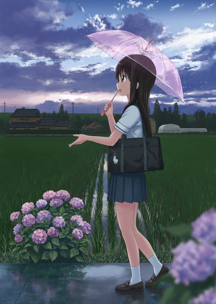 Anime picture 1380x1941 with original isou nagi single long hair tall image open mouth black hair sky cloud (clouds) profile black eyes transparent umbrella girl skirt flower (flowers) water socks serafuku umbrella white socks