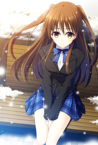 Anime picture 541x800 with white album 2 ogiso setsuna mac-kine single long hair tall image looking at viewer brown hair sitting brown eyes two side up snowing winter girl skirt uniform school uniform bench