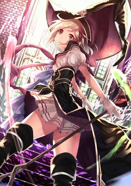 Anime picture 1239x1756 with granblue fantasy gita (granblue fantasy) saraki single tall image looking at viewer short hair blonde hair smile brown eyes pleated skirt from below short sleeves zettai ryouiki puffy sleeves outstretched arm turning head magic witch underbust