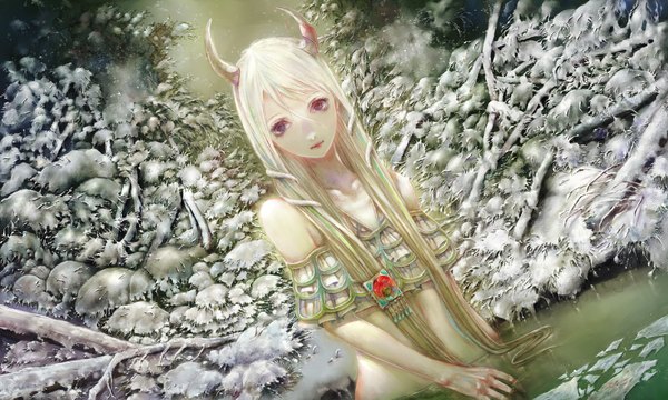 Anime picture 2000x1200 with touhou kamishirasawa keine ex-keine yogisya single long hair highres wide image bare shoulders white hair nail polish horn (horns) grey eyes winter snow girl plant (plants) tree (trees) water ice