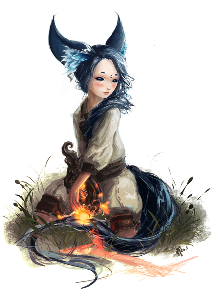 Anime picture 917x1200 with blade & soul lyn (blade & soul) protorc single long hair tall image blush blue eyes simple background white background animal ears blue hair looking away tail traditional clothes animal tail forehead mark girl plant (plants) grass
