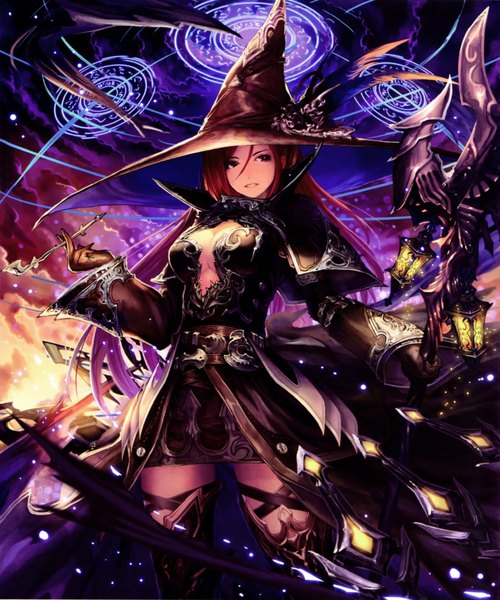 Anime picture 3649x4380 with shingeki no bahamut tachikawa mushimaro (bimo) single long hair tall image looking at viewer highres red eyes absurdres red hair scan magic witch girl dress gloves weapon hat black gloves witch hat