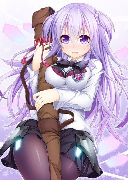Anime picture 2507x3541 with gakusen toshi asterisk toudou kirin wakagi repa single long hair tall image looking at viewer blush highres open mouth light erotic purple eyes purple hair between thighs scared impossible clothes girl skirt uniform school uniform