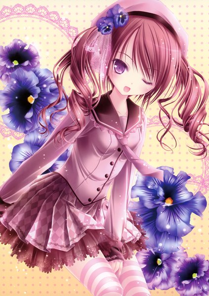 Anime picture 2477x3515 with love kano tinker bell single long hair tall image blush highres open mouth purple eyes absurdres red hair one eye closed wink scan official art loli drill hair girl thighhighs dress
