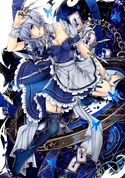 Anime picture 724x1024 with touhou izayoi sakuya creamsea single tall image short hair blue eyes blonde hair holding looking away bent knee (knees) braid (braids) parted lips maid twin braids hand on head dual wielding asymmetrical clothes girl thighhighs