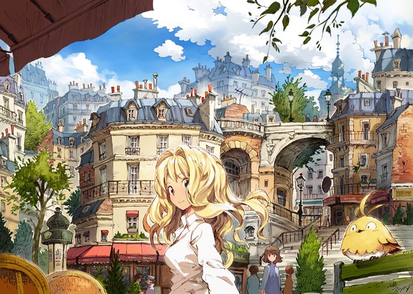 Anime picture 1920x1369 with original annie belton matsuda (matsukichi) long hair looking at viewer highres blonde hair smile signed sky cloud (clouds) outdoors aqua eyes black eyes city dated solo focus cityscape girl plant (plants)
