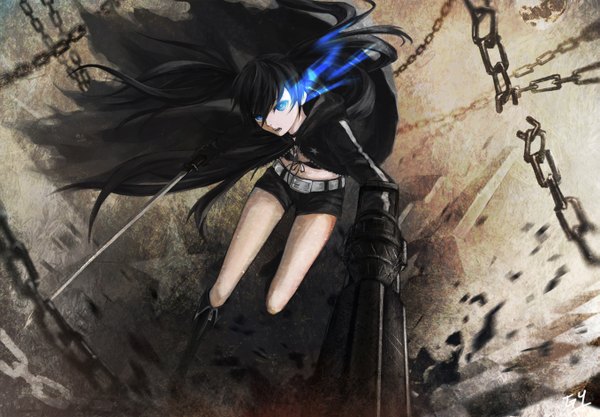 Anime picture 1357x944 with black rock shooter black rock shooter (character) single long hair open mouth blue eyes black hair twintails glowing glowing eye (eyes) girl gloves navel weapon sword shoes shorts belt chain cloak