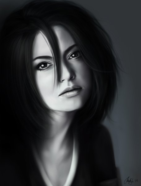 Anime picture 2239x2952 with bleach studio pierrot kuchiki rukia mochifin single tall image looking at viewer highres short hair black hair simple background signed traditional clothes japanese clothes black eyes realistic monochrome shinigami gotei girl