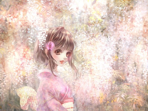 Anime picture 1024x768 with tales of (series) tales of destiny 2 reala shikaji kashikai single blush fringe short hair brown hair brown eyes payot looking away traditional clothes parted lips japanese clothes lipstick red lipstick girl hair ornament flower (flowers)