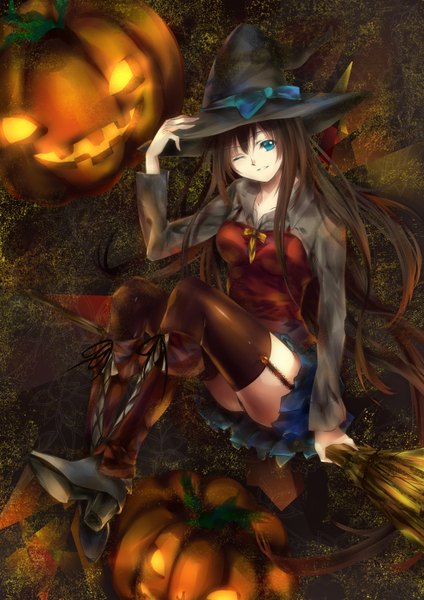 Anime picture 1060x1500 with midnight (pixiv) single long hair tall image open mouth brown hair one eye closed aqua eyes wink halloween flying witch girl thighhighs bow miniskirt witch hat knee boots vegetables broom