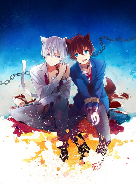 Anime picture 738x1000 with kakumeiki valvrave sunrise (studio) l-elf karlstein tokishima haruto takerusilt tall image fringe short hair blue eyes hair between eyes brown hair sitting purple eyes animal ears looking away silver hair full body ahoge tail animal tail