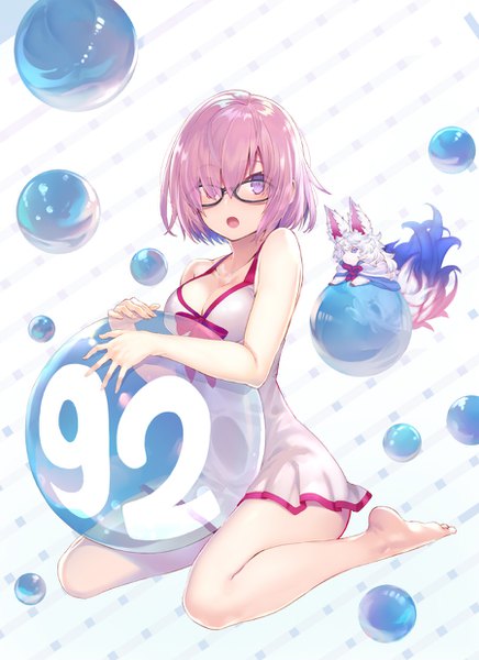 Anime picture 900x1236 with fate (series) fate/grand order mash kyrielight fou (fate) mash kyrielight (swimsuit of perpetual summer) shirabi single tall image looking at viewer blush fringe short hair breasts open mouth simple background large breasts white background sitting purple eyes bare shoulders