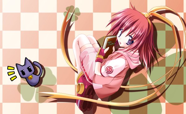 Anime picture 2500x1537 with sayorana etranger kisaragi haruka amane sou highres short hair wide image purple eyes red hair looking back checkered background girl ribbon (ribbons) hair ribbon animal book (books) bell cat