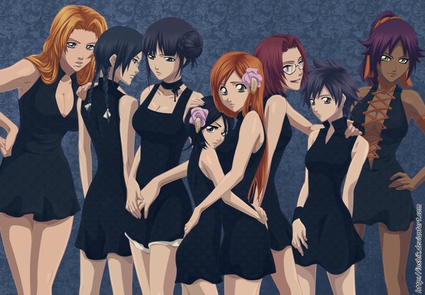 Anime picture 1870x1300 with bleach studio pierrot kuchiki rukia inoue orihime shihouin yoruichi matsumoto rangiku kurotsuchi nemu ise nanao arisawa tatsuki honsho chizuru ioshik long hair highres short hair blue eyes black hair smile purple eyes multiple girls brown eyes