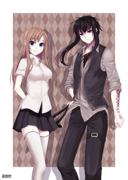 Anime picture 855x1200 with original banri long hair tall image looking at viewer blue eyes black hair smile red eyes brown hair tattoo girl thighhighs boy skirt shirt white thighhighs