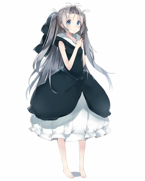 Anime picture 800x1000 with robotics;notes production i.g airi (robotics;notes) kou mashiro single long hair tall image looking at viewer blush blue eyes simple background smile white background barefoot grey hair two side up hands clasped girl dress bow