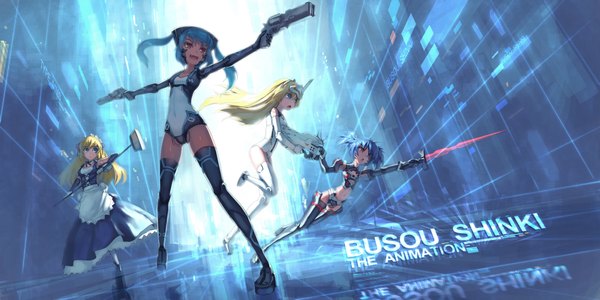 Anime picture 1920x960 with busou shinki strarf arnval altrene altines observerz long hair highres short hair blue eyes blonde hair smile red eyes wide image twintails multiple girls blue hair mechanical girl weapon