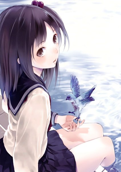 Anime picture 1200x1699 with original kishida mel single long hair tall image looking at viewer fringe open mouth black hair sitting brown eyes pleated skirt looking back from above one side up soaking feet bird on hand girl skirt uniform