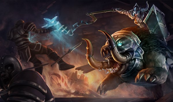 Anime picture 1215x717 with league of legends sejuani (league of legends) single wide image horn (horns) teeth fang (fangs) girl animal chain shield mace