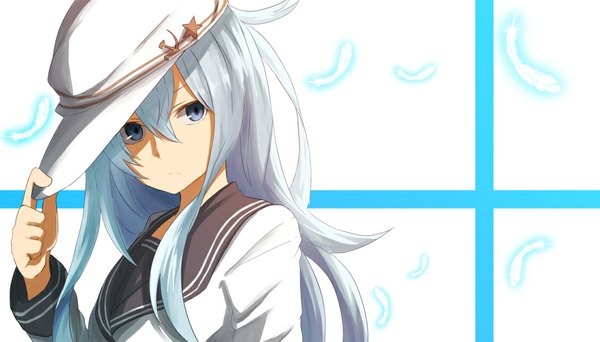 Anime picture 1126x643 with kantai collection hibiki destroyer verniy destroyer tsukamoto minori single long hair blue eyes wide image white background blue hair looking away hammer and sickle girl star (symbol) feather (feathers) sailor suit flat cap