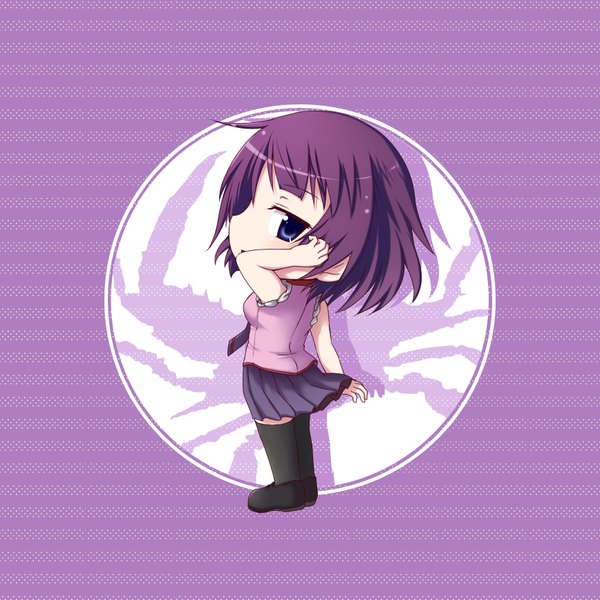 Anime picture 1736x1736 with bakemonogatari shaft (studio) monogatari (series) senjougahara hitagi kuena single looking at viewer blush fringe highres short hair breasts purple hair full body pleated skirt arm up zettai ryouiki sleeveless adjusting hair chibi