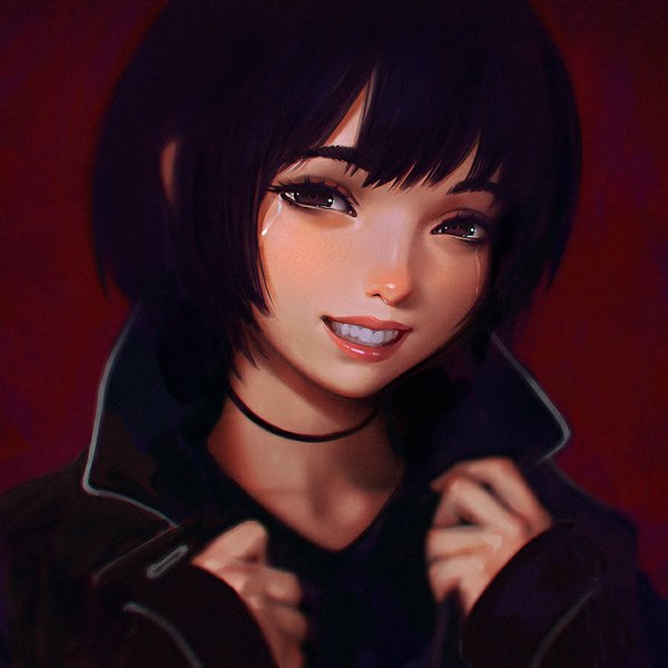 Anime picture 900x900 with original ilya kuvshinov single looking at viewer short hair black hair simple background brown eyes realistic teeth tears girl choker jacket