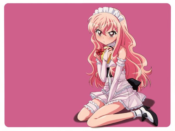 Anime picture 1600x1200 with zero no tsukaima j.c. staff louise francoise le blanc de la valliere single long hair looking at viewer blush fringe hair between eyes sitting pink hair full body pink eyes maid embarrassed wariza wavy hair pink background third-party edit valentine
