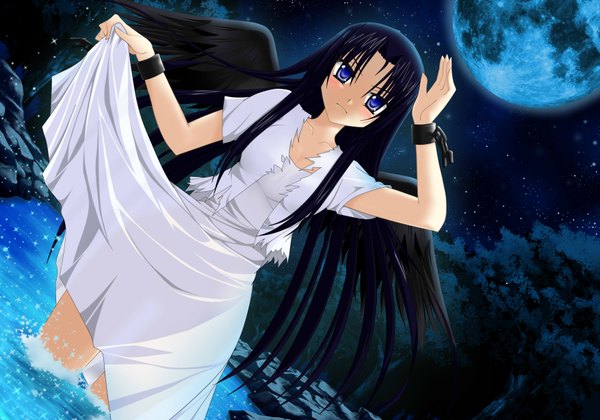 Anime picture 3507x2460 with original kopianget single long hair blush highres blue eyes black hair absurdres night sky torn clothes girl dress plant (plants) wings tree (trees) water star (stars) full moon splashes