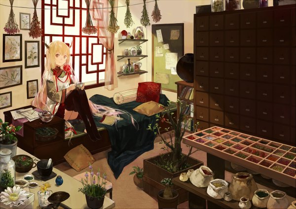 Anime picture 1200x848 with original cotta single long hair looking at viewer fringe blonde hair sitting very long hair traditional clothes horn (horns) light smile girl thighhighs flower (flowers) black thighhighs plant (plants) tree (trees) pillow bed