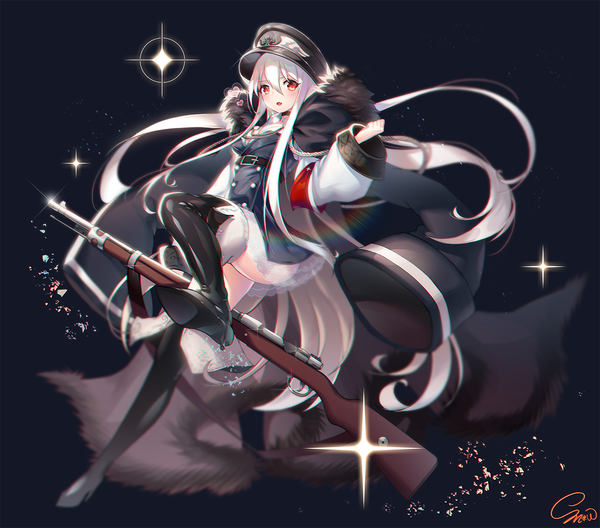 Anime picture 1136x1000 with girls frontline kar98k (girls frontline) snow is single long hair looking at viewer blush light erotic simple background red eyes holding signed silver hair ass parted lips arm up blurry wide sleeves :o sparkle