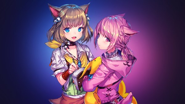 Anime picture 3840x2160 with final fantasy final fantasy xiv square enix miqo'te carbuncle (final fantasy) khloe aliapoh momoko (momopoco) assassinwarrior long hair looking at viewer fringe highres short hair blue eyes blonde hair simple background wide image twintails multiple girls signed