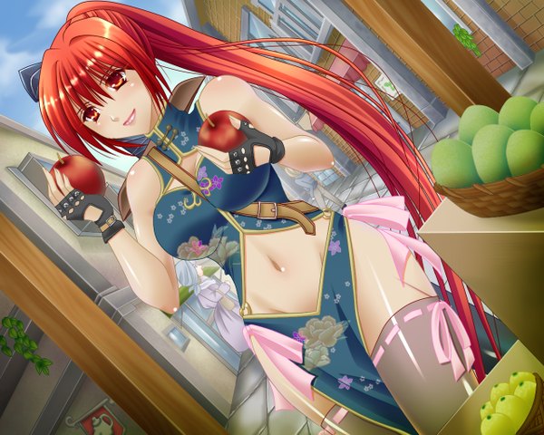 Anime picture 1280x1024 with single long hair light erotic red eyes twintails bare shoulders ponytail red hair chinese clothes girl thighhighs gloves navel fingerless gloves fruit chinese dress apple