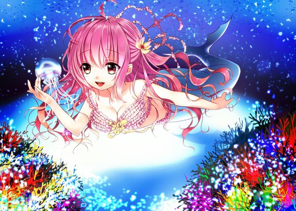 Anime picture 1160x826 with quarterly pixiv 8 seifuku 8yada8 single long hair open mouth smile red eyes pink hair hair flower underwater girl hair ornament ribbon (ribbons) swimsuit mermaid jellyfish coral