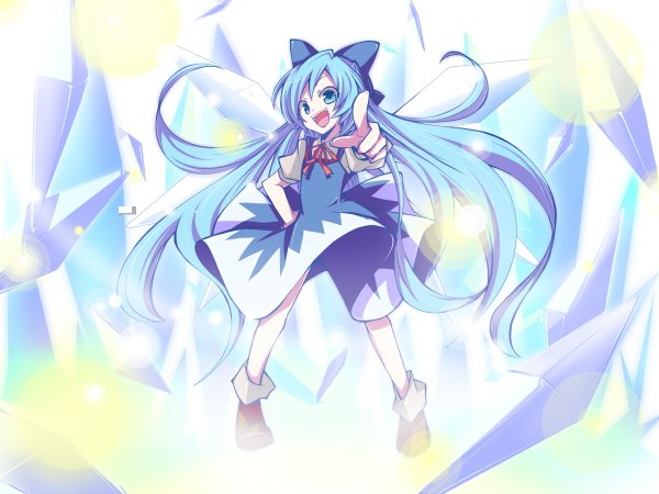 Anime picture 1200x900 with touhou cirno haru aki single open mouth blue eyes blue hair very long hair hand on hip pointing wind lift girl dress ribbon (ribbons) hair ribbon ice