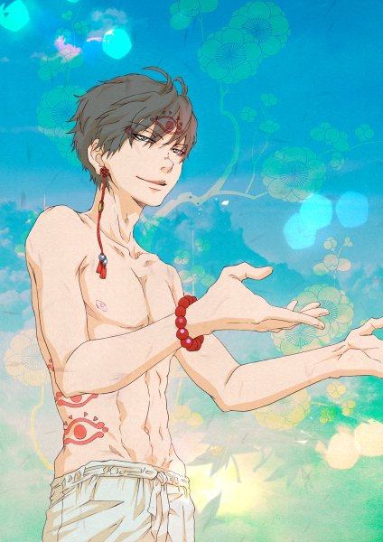 Anime picture 848x1200 with hoozuki no reitetsu wit studio hakutaku (hoozuki no reitetsu) tagme (artist) single tall image looking at viewer short hair open mouth blue eyes smile brown hair standing bare shoulders bare belly outstretched arm facial mark blue background boy flower (flowers)