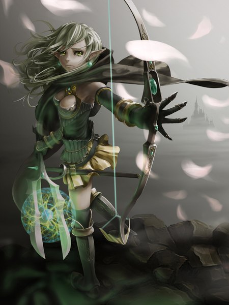 Anime picture 1200x1600 with original pi (pppppchang) single long hair tall image fringe breasts standing green eyes cleavage pleated skirt green hair lips pointy ears tears glowing crying fighting stance sad glowing weapon