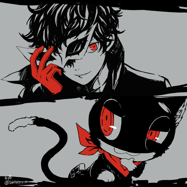Anime picture 1024x1024 with persona 5 persona amamiya ren morgana (persona 5) kawasemi sumika single short hair red eyes signed looking away grey background twitter username spot color polychromatic high contrast boy gloves animal cat mask