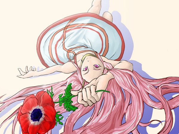 Anime picture 1024x768 with eureka seven studio bones anemone s040784 (artist) single long hair looking at viewer simple background pink hair lying pink eyes shadow girl dress hair ornament flower (flowers) hairclip anemone (flower)