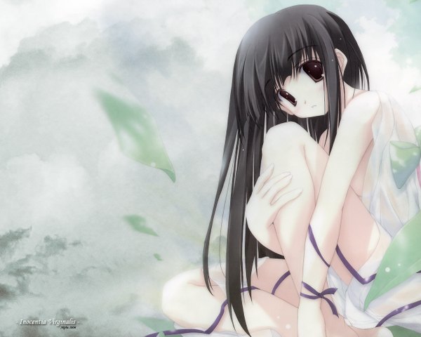 Anime picture 1280x1024 with nagomi single long hair looking at viewer light erotic black hair sitting bare shoulders payot head tilt black eyes inscription bare legs leg hold girl dress ribbon (ribbons) white dress