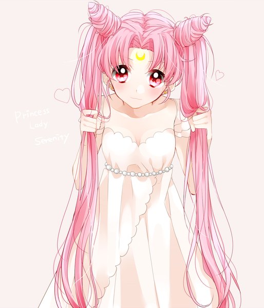 Anime picture 1200x1400 with bishoujo senshi sailor moon toei animation chibiusa hanasato (okashino) single long hair tall image looking at viewer simple background standing twintails pink hair pink eyes light smile hair bun (hair buns) facial mark pink background crescent girl dress