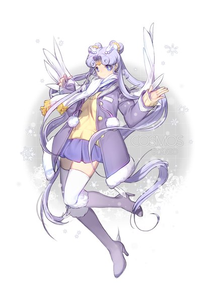 Anime picture 900x1300 with bishoujo senshi sailor moon toei animation sailor cosmos matsuki ringo single tall image looking at viewer simple background smile white background purple eyes twintails purple hair bent knee (knees) very long hair inscription alternate costume spread arms winter angel wings
