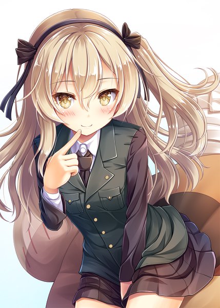 Anime picture 858x1200 with girls und panzer shimada arisu akashio (loli ace) single long hair tall image looking at viewer blush fringe simple background blonde hair hair between eyes white background yellow eyes from above light smile loli one side up finger to mouth girl
