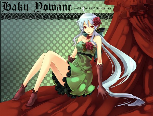 Anime picture 1198x913 with vocaloid yowane haku milcho single long hair looking at viewer red eyes sitting bare shoulders silver hair ahoge ponytail hair flower inscription legs sleeveless polka dot polka dot background girl dress