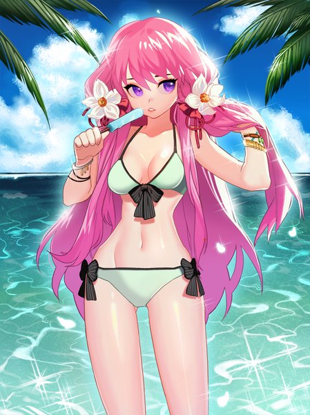 Anime picture 1000x1336 with sword girls crux knight pintail (sword girls) seoji single long hair tall image breasts light erotic purple eyes pink hair sky cloud (clouds) hair flower midriff girl navel hair ornament flower (flowers) bow swimsuit